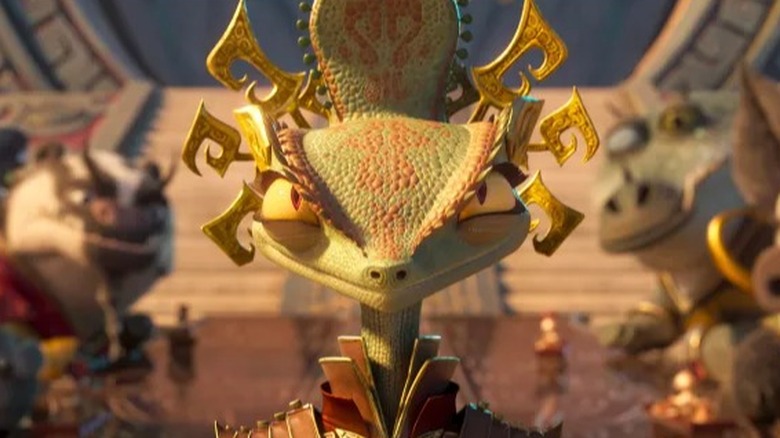 Chameleon staring intimidatingly in Kung Fu Panda 4