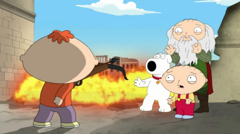 Family Guy, Bertram pointing a crossbow at Brian, Stewie, and Leonardo da Vinci (Stewie's relative)
