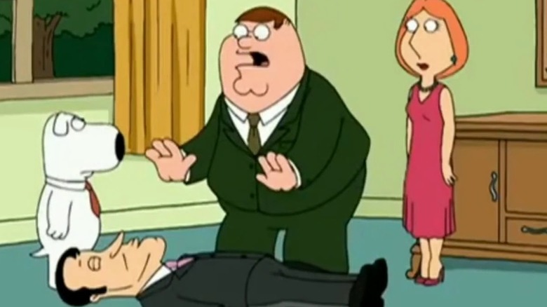Family Guy, Peter panicking over what to do with Mr. Weed's body as Brian and Lois watch