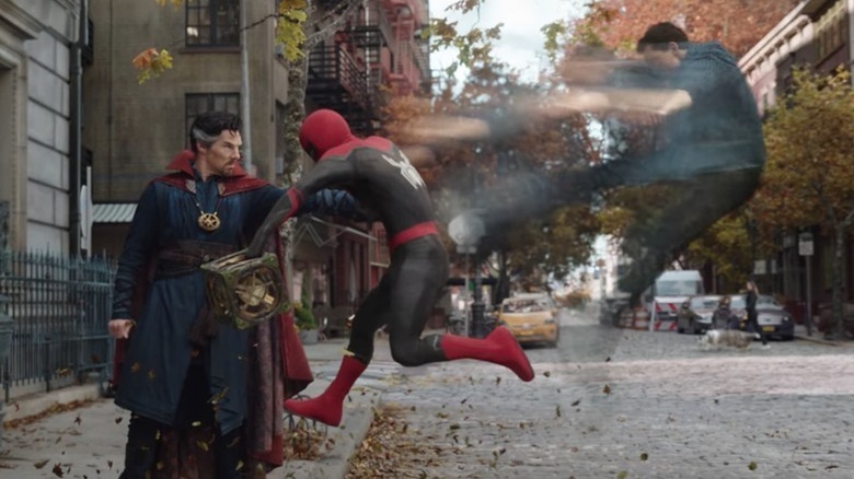 Benedict Cumberbatch's Doctor Strange attacking Tom Holland's Spider-Man in Spider-Man: No Way Home