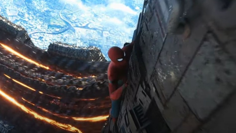Tom Holland's Spider-Man clinging to a spaceship in Avengers: Infinity War
