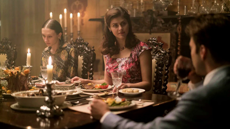 Taissa Farmiga as Merricat, Alexandra Daddario as Constance, and Sebastian Stan as Charles Blackwood in We Have Always Lived in the Castle