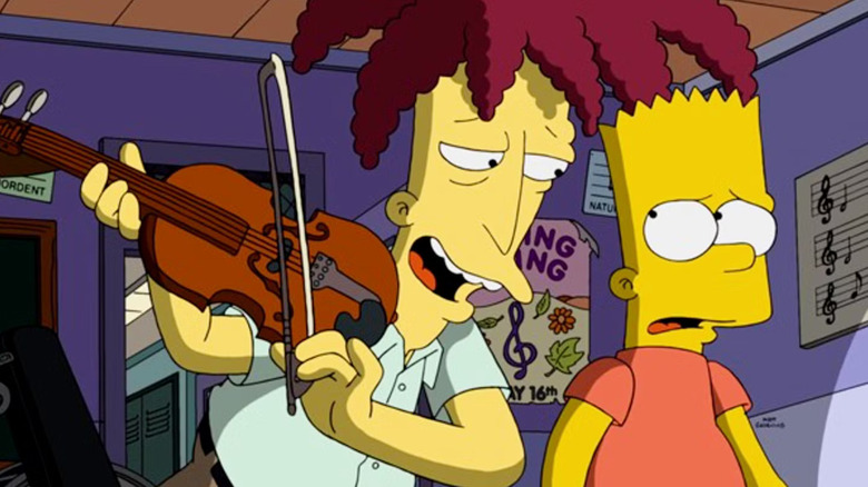 Sideshow Bob playing the violin for a worried Bart on The Simpsons.