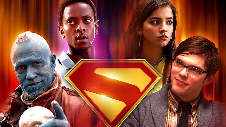 (Clockwise L-R) Yondu (Michael Rooker) from Guardians of the Galaxy, (2014) Darwin (Edi Gathegi) from X-Men: First Class (2011), Anya Corazon (Isabela Merced) from Madame Web (2024), and Hank McCoy (Nicholas Hoult) from X-Men: First Class (2011) surrounding the new Superman (2025) symbol.