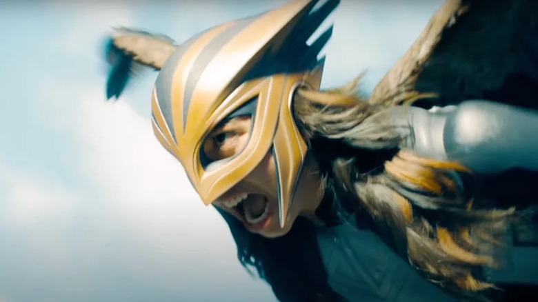 Hawkgirl (Isabela Merced) squawks while flying in the sky in Superman (2025).
