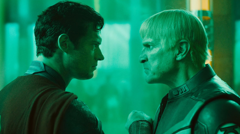 Clark Kent/Superman (David Corenswet) and Green Lantern/Guy Gardner (Nathan Fillion) stare each other down in Superman (2025).