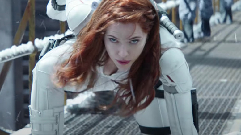 Scarlett Johansson in "Black Widow" superhero pose