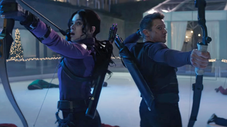 Hawkeye's Hailee Steinfeld and Jeremy Renner shooting arrows
