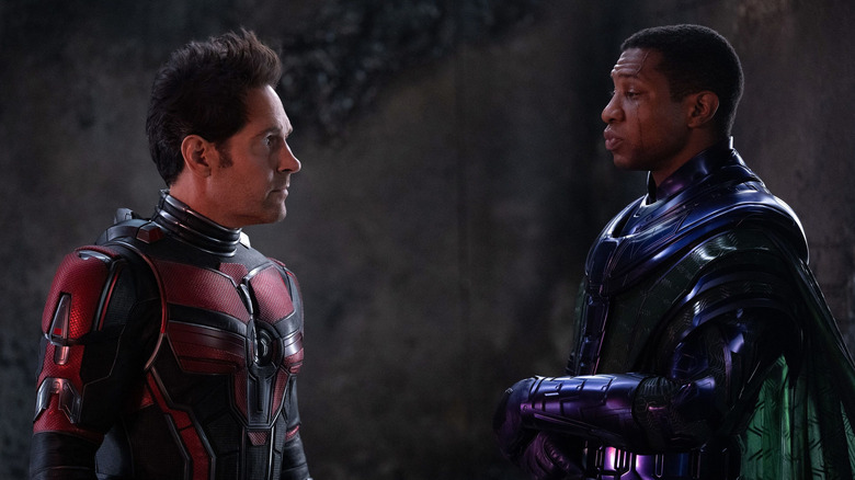 Paul Rudd and Jonathan Majors as Scott Lang and Kang, facing off in Ant-Man and the Wasp: Quantumania