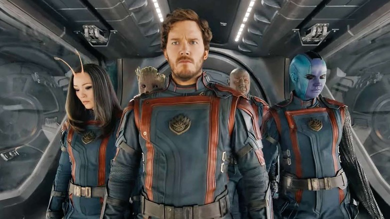 The Guardians of the Galaxy walk through a spaceship together in Guardians of the Galaxy Vol. 3
