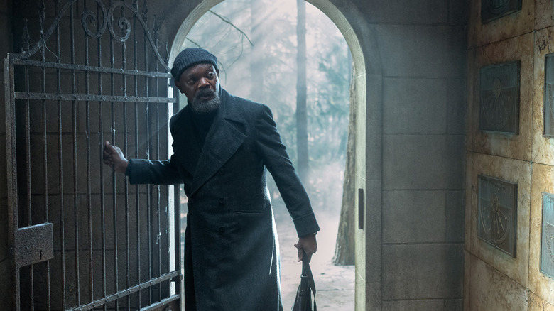 Samuel L. Jackson as Nick Fury, walking into a morgue in Secret Invasion