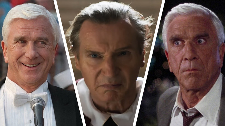 A composite image of Leslie Nielsen in The Naked Gun movies and Liam Neeson in The Naked Gun reboot