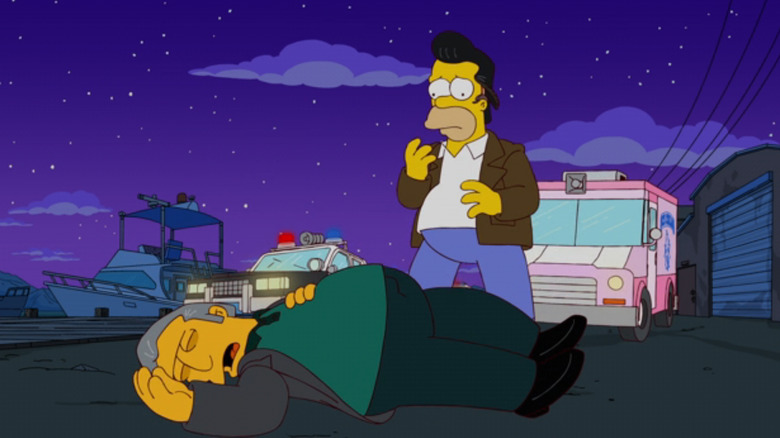 The Simpsons, Fat Tony lies dead on the ground while Homer watches in horror