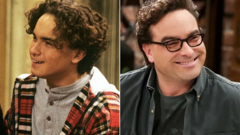 Johnny Galecki as David Healy and Leonard Hofstadter smiling on Roseanne and The Big Bang Theory