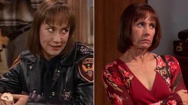 Laurie Metcalf as Jackie Harris wearing a police uniform and Mary Cooper looking stern on Roseanne and The Big Bang Theory