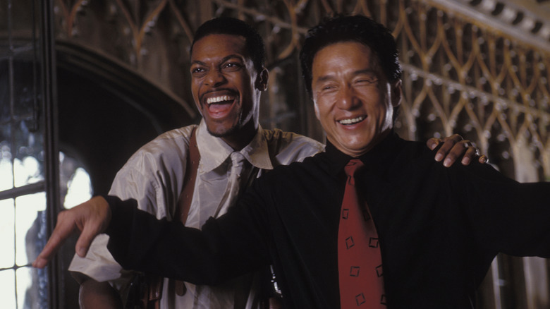 Chris Tucker and Jackie Chan behind the scenes of Rush Hour