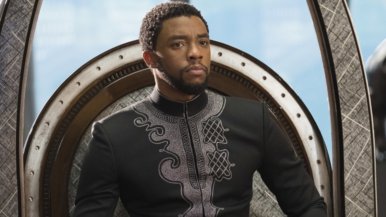 King T'Challa (Chadwick Boseman) sits on his throne in Wakanda in "Black Panther"