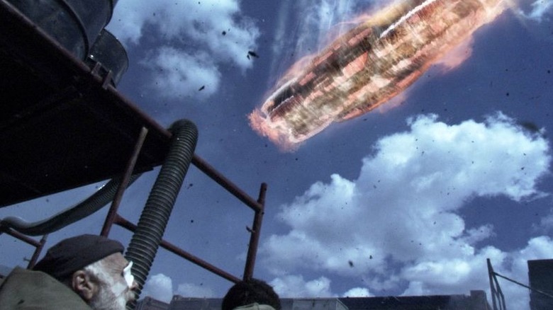 Battlestar Galactica Exodus: Galactica falling through the atmosphere on New Caprica as Colonel Tigh looks up at it