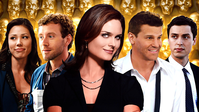 Michaela Conlin as Angela, T.J. Thyne as Jack Hodgins, Emily Deschanel as Bones, David Boreanaz as Booth, John Francis Daley as Sweets in Bones