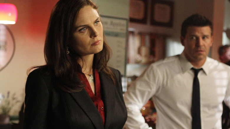 Emily Deschanel as Brennan cocks her head in Bones