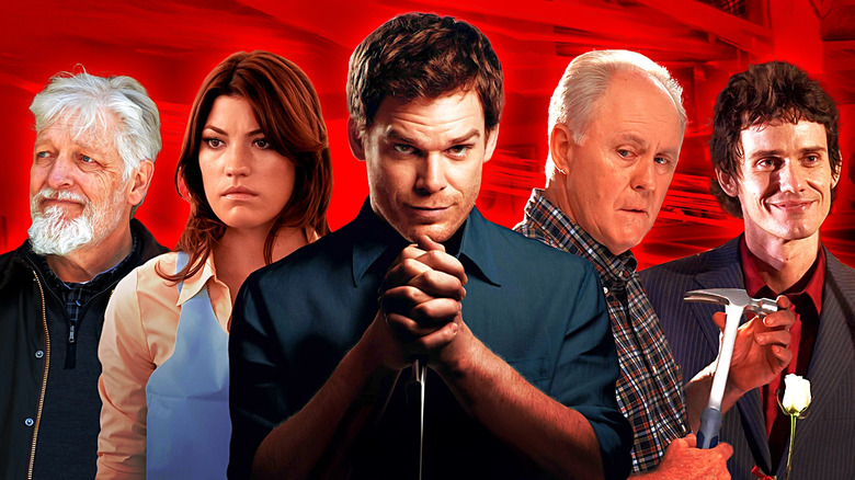 Michael C. Hall as Dexter in the middle, and around him, John Lithgow in season 4, Christian Camargo in season 1, Jennifer Carpenter from any season, Clancy Brown from New Blood.