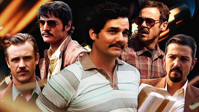Wagner Moura as Pablo Escobar, Pedro Pascal as Javier Peña, Boyd Holbrook as Steve Murphy, Scoot McNairy as Walt Breslin, and Diego Luna as Félix Gallardo in Narcos and Narcos: Mexico