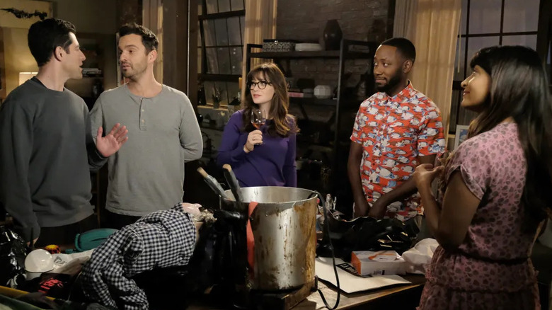 Schmidt and Nick talking Jess drinking wine and Winston and Cece listening on New Girl