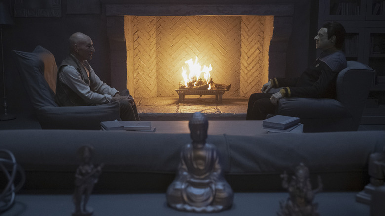 Picard (Patrick Stewart) and Data (Brent Spiner) sitting in a computerized dreamscape in Star Trek: Picard