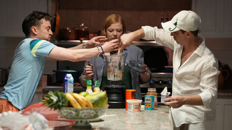 Roman, Shiv, and Kendall making their disgusting shake in Succession