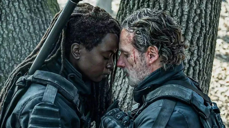 Danai Gurira as Michonne and Andrew Lincoln as Rick having a tender moment on The Walking Dead: The Ones Who Live