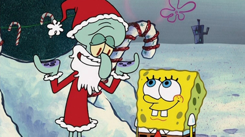 SpongeBob looking up at Squidward dressed as Santa on SpongeBob SquarePants