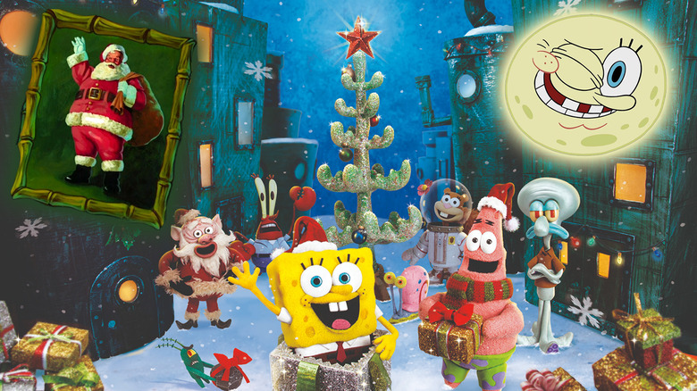 SpongeBob, Patrick, Santa, Mr. Krabs, Sandy, and Squidward by a Christmas tree with SpongeBob SquarePants as the moon overhead winking