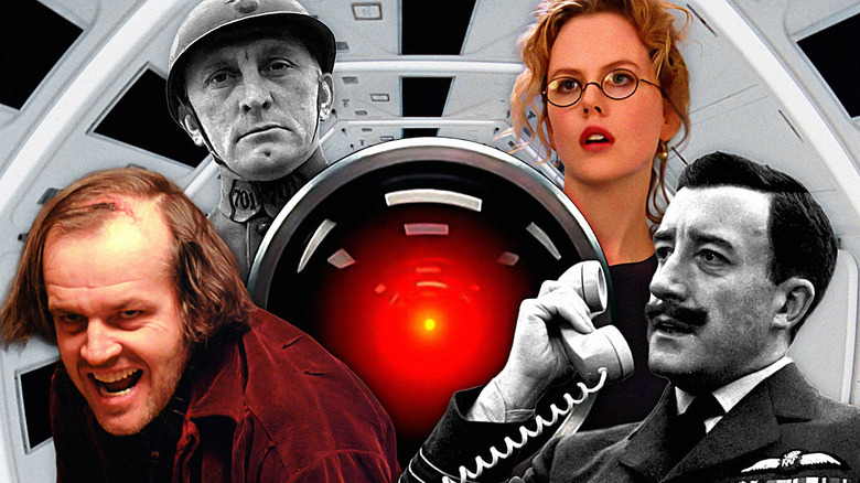 A collage of HAL 9000 from 2001: A Space Odyssey surrounded by a snarling Jack Torrance (Jack Nicholson) in The Shining, a stern Colonel Dax (Kirk Douglas) in Paths of Glory, a bespectacled Alice Harford (Nicole Kidman) in Eyes Wide Shut, and Lionel Mandrake (Peter Sellers) on the phone in Dr. Strangelove