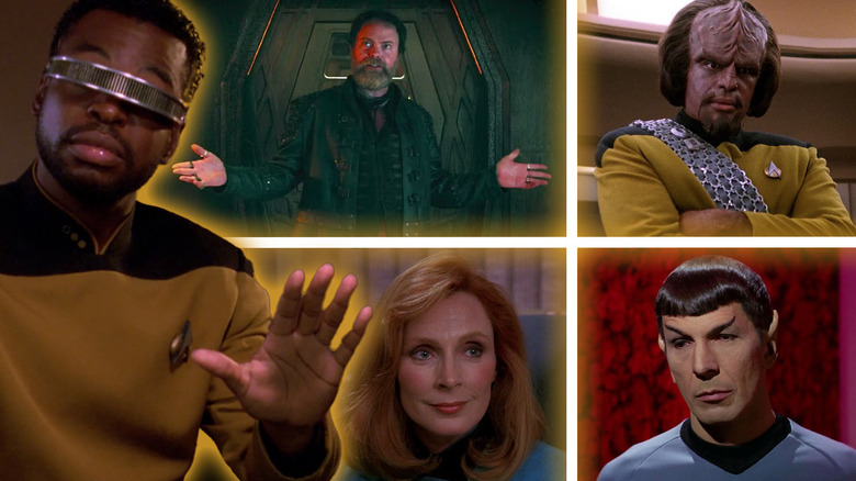 LeVar Burton as Geordi in Star Trek: The Next Generation surrounded by Rainn Wilson, Michael Dorn, Gates McFadden, and Leonard Nimoy in their respective Star Trek acting roles in a composite image