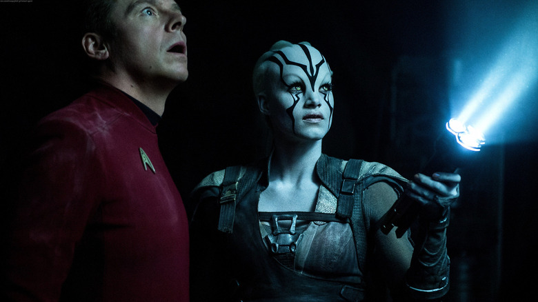 Simon Pegg as Scotty and Sofia Boutella as Jaylah in Star Trek Beyond