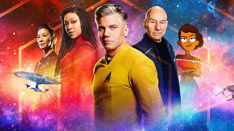 A promotional image of Michelle Yeoh as Philippa Georgiou, Sonequa Martin-Green as Michael Burnham, Anson Mount as Christopher Pike, Patrick Stewart as Jean-Luc Picard, and Tawny Newsome as Beckett Mariner in Star Trek