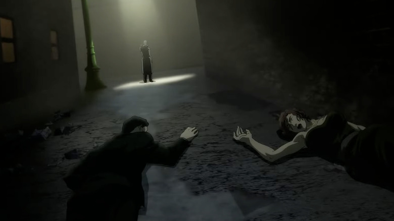 Batman: Bad Blood, Thomas and Martha Wayne lying dead in alley as Joe Chill stands at end of it