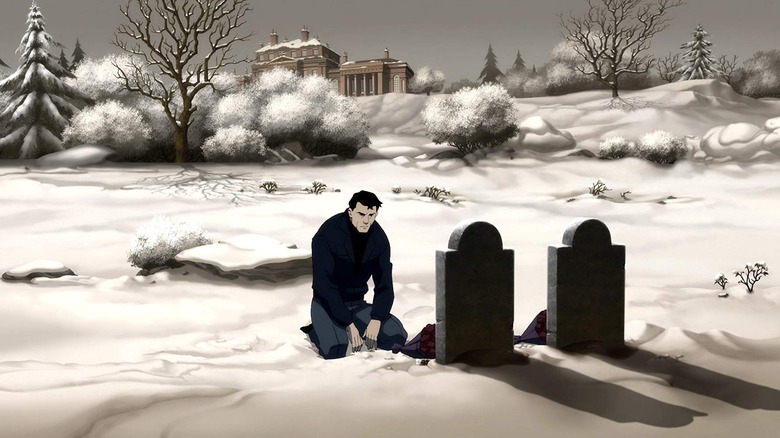 Batman: Year One animated film, Bruce Wayne kneeling before his parents' graves during winter at Wayne Manor