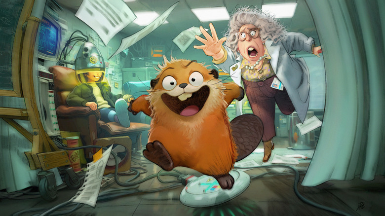 Hoppers concept art showing a beaver fleeing a scientist