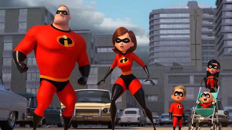 The Parr family preparing for battle in The Incredibles (2004)