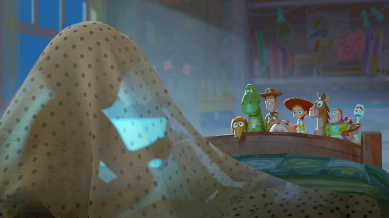 Toy Story 5 concept art showing Molly playing with a tablet while the toys looks on in concern