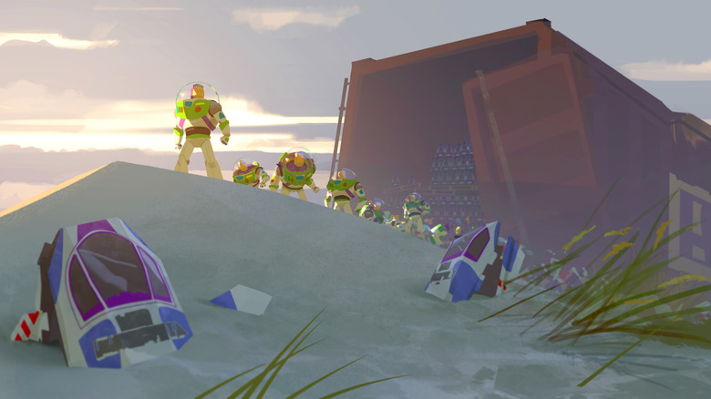 Toy Story 5 concept art showing several Buzz Lightyear toys in the outside world