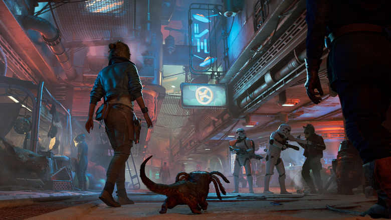 Kay and Nix walking through the market in Star Wars Outlaws