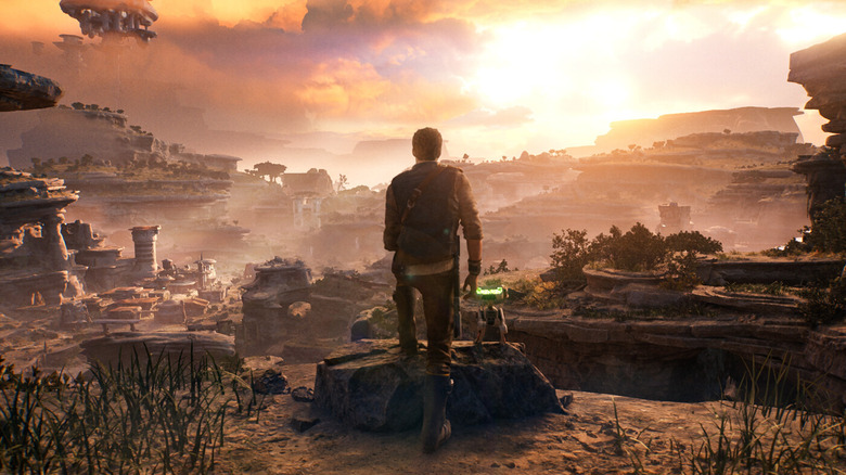 Cas Kestis and BD-1 looking out over a valley in Star Wars Jedi: Survivor