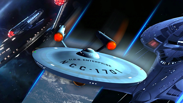 A collage of the Enterprise-1701 from Star Trek: The Original Series, the Enterprise-E from Star Trek: First Contact, the Enterprise from Star Trek: Strange New Worlds