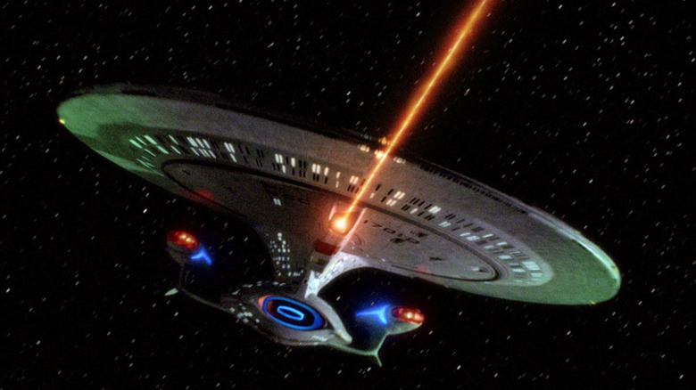 The Enterprise-D fires a phaser bank in Star Trek: The Next Generation