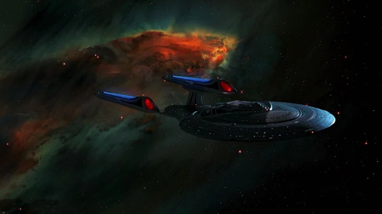 The Enterprise-E cruises through a nebula in Star Trek: First Contact