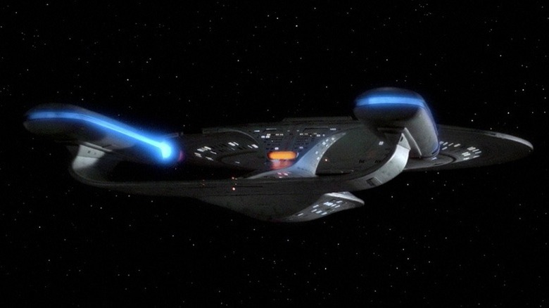 The Galaxy-class starship Enterprise  NCC-1701-D, seen from below and behind from the "Star Trek: The Next Generation" pilot episode "Encounter at Farpoint".