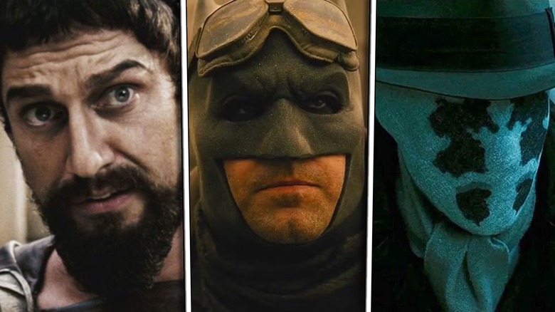 Gerard Butler as King Leonidas in 300, Ben Affleck as Batman and Jackie Earle Haley as Rorschach