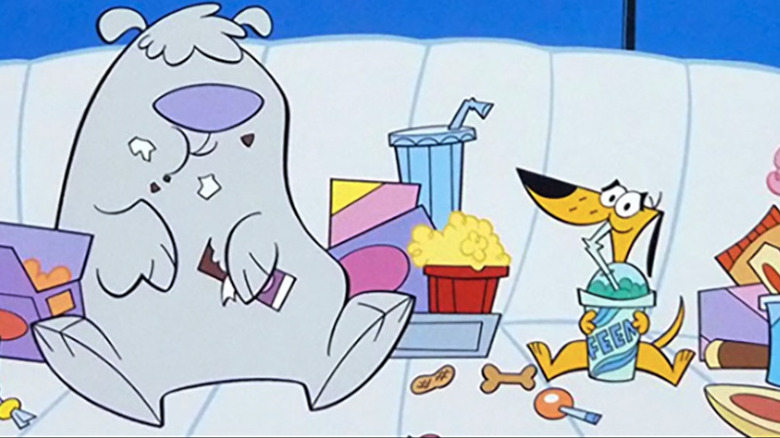 Little Dog (Mark Schiff) and Big Dog (Brad Garrett) snacking on 2 Stupid Dogs